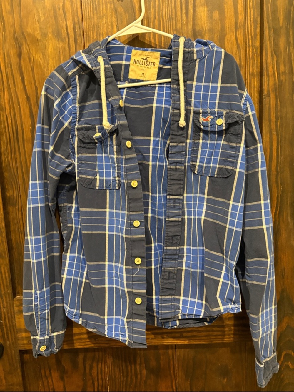 Hollister Navy and Blue Plaid Hooded Button-Up Shirt